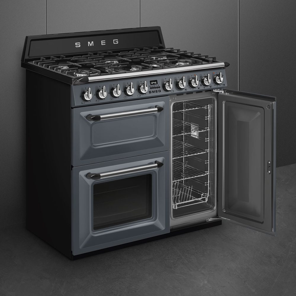 Smeg 90cm Victoria Triple Cavity Cooker | Duel Fuel | Slate Grey | TR93GR Smeg 90cm Victoria Triple Cavity Cooker | Duel Fuel | Slate Grey | TR93GR
