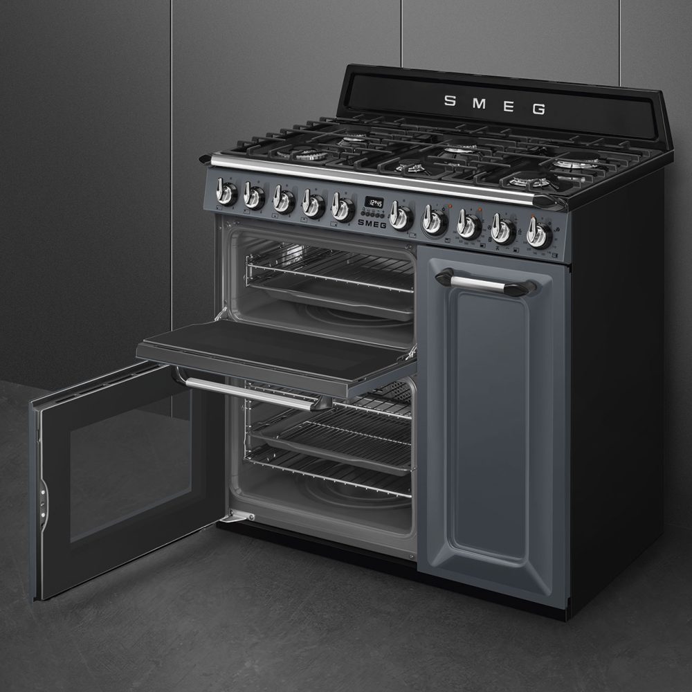 Smeg 90cm Victoria Triple Cavity Cooker | Duel Fuel | Slate Grey | TR93GR Smeg 90cm Victoria Triple Cavity Cooker | Duel Fuel | Slate Grey | TR93GR
